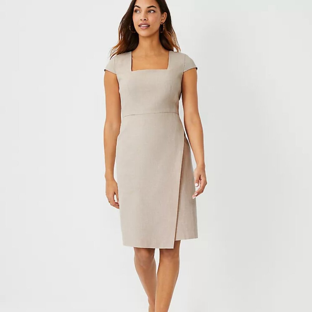 Ann Taylor Square Neck Wrap Dress in Beige